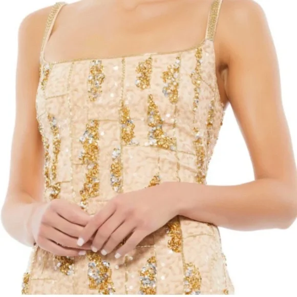 Mac Duggal Nude/Gold Sequin Embellished Midi Dress Size 0  NWOT  #10770 - Picture 2 of 11